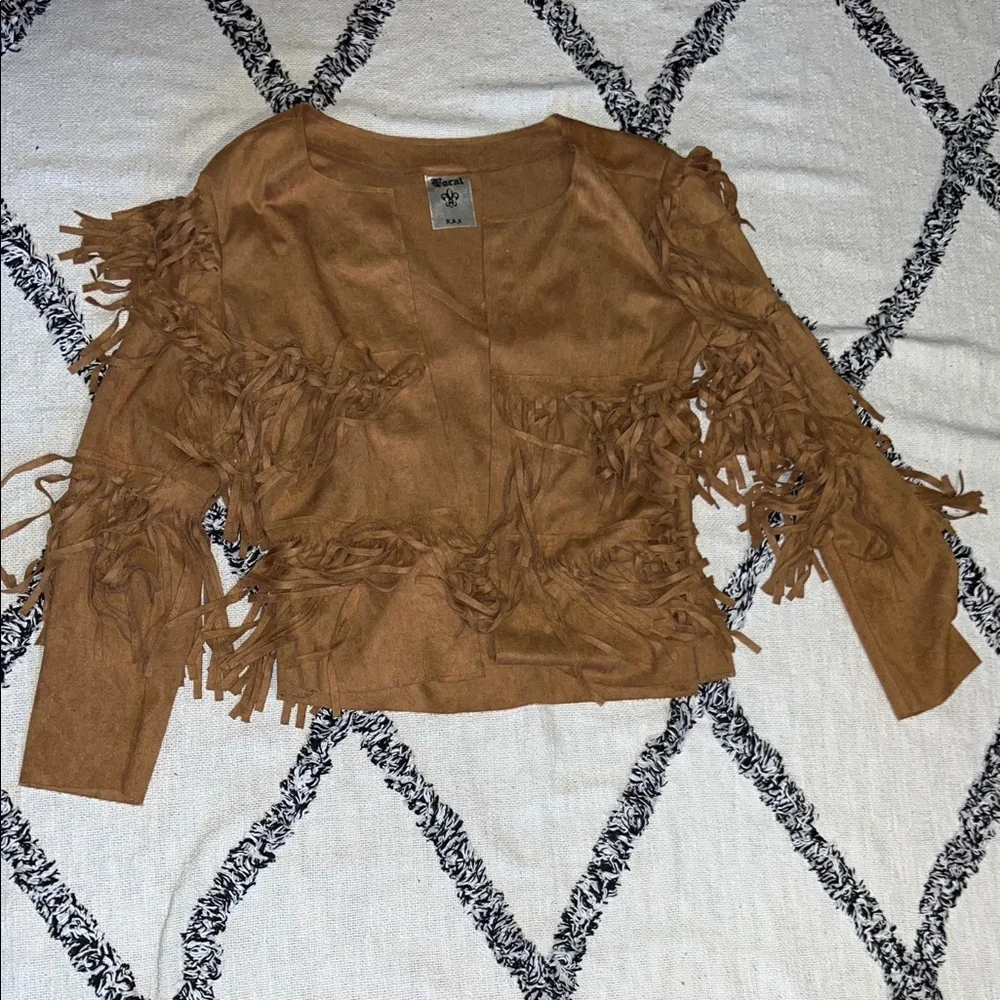 Vocal Tan Faux Suede Western Jacket with Fringe Size Small - Picture 2 of 6